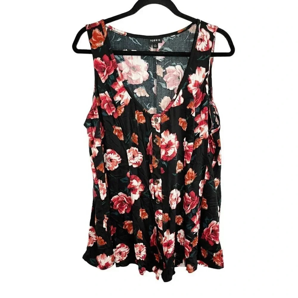 Torrid Black Floral Button Front Tank Top Women's Plus Size 1X